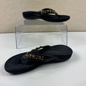Vionic Floriana Sandals Size 7 Black Beaded Thong Croco Orthotic Comfort Beachy
